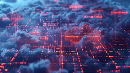 3D rendering of cloud technology with a blue background and glowing data