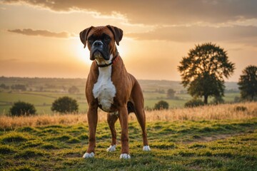 full body of Boxer dog on blurred countryside background, copy space - Powered by Adobe