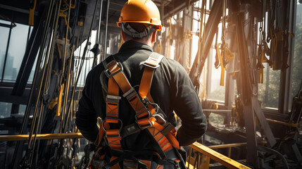 Detailed image of a worker wearing a fullbody safety harness while working on a highrise construction site