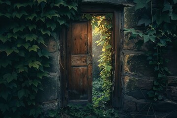 The door opens to greenery.