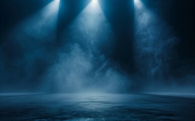 Dark background, spotlights shining down from the top of an empty stage, foggy atmosphere, dark blue tones, smoke in front of lights
