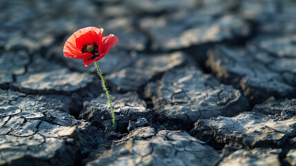 poppy flower broke through dry cracked earth