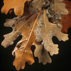 Detailed view of leaves affected by oak wilt, characterized by a rapid wilting and discoloration starting from the edges