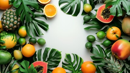 Vibrant tropical fruits and green leaves arranged around a central white copy space.