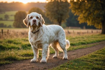 full body of Clumber Spaniel dog on blurred countryside background, copy space
