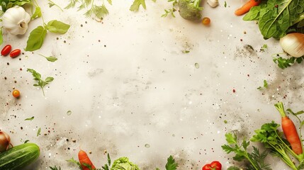 Fresh vegetables and herbs on a textured background with copy space ideal for food concepts.