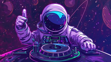 The astronaut DJ is mixing techno music on a turntable in open space. Modern cartoon illustration with a thumbs up and a drink on a cosmic background. Design for posters or flyers.