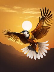Obraz premium Flying bird in the sunlit sky.