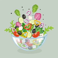 Salad flat illustration with vegetables. Simple cartoon icon design food concept of healthy eating. Stock vector isolated on white background.