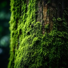 Macro photography of vibrant green moss covering a tree trunk, illustrating the lush moisture of the Amazon
