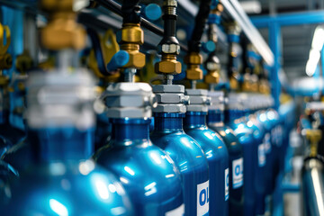 Blue oxygen tanks. Bundle of gas cylinder and high pressure gauges, meter, valve. Many argon cylinders with compressed gas for industry, welding. Fuel manufacturing. Liquefied gas production, factory