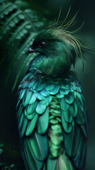 Quetzal. Accipitridae bird perched on a branch, with long tail and green feathers. Generative AI