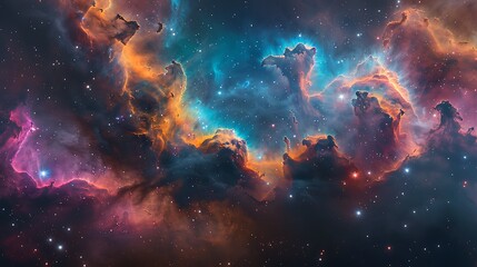 A vivid and colorful depiction of a Stellar Nursery, showcasing clouds of gas in hues of pink, blue, and green, with emerging stars sparkling brightly.