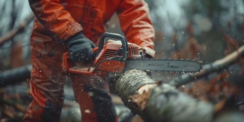 A professional worker in protective equipment is engaged in cutting down trees, hands with a chainsaw 