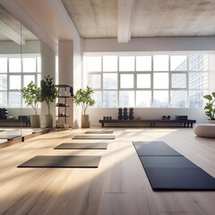 A clean and bright fitness studio with yoga mats neatly aligned, promoting health and wellness