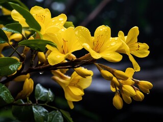 Fototapeta premium A closeup of a young Tabebuia tree, known for its bright yellow flowers, just beginning to bloom in the rainforest
