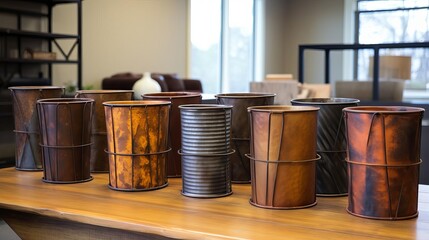 A collection of bent and rusted metal wastebaskets in an office setting