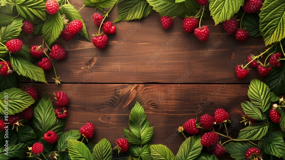 Sticker fresh ripe raspberries with green leaves scattered on a dark wooden background, ideal for copy space