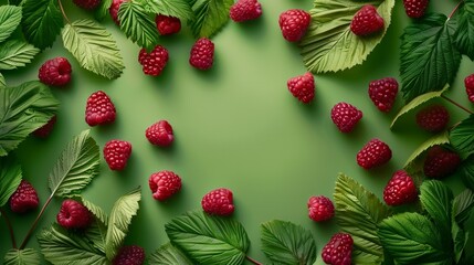 Fresh raspberries and green leaves artfully arranged on a vibrant green background.
