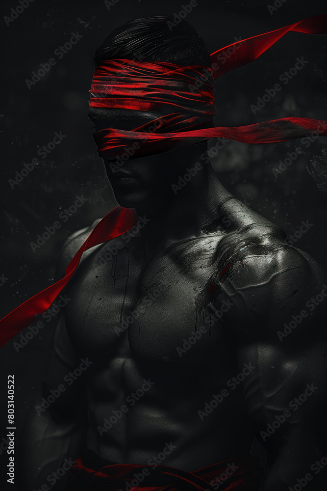 Wall mural muscle man blindfolded with red ribbons