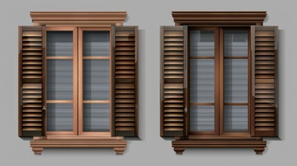 Isolated on transparent background a plastic window with a wooden rolling shutter. Modern realistic set of closed and open roller blinds for glass windows.