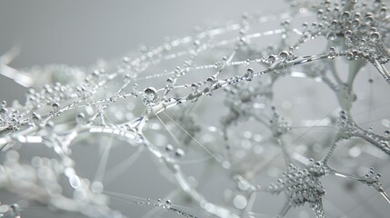 Elegant LEGO spiderweb sculpture with delicate dewdrops in soft light