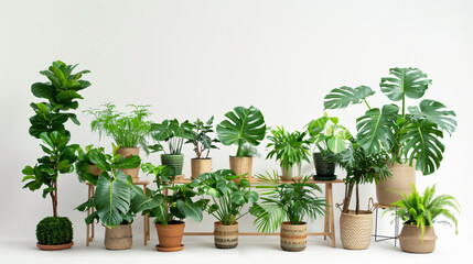 Green houseplants on rack against white background