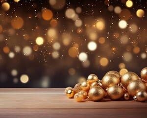 A festive holiday background with Christmas lights and golden baubles, space for text