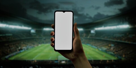 Smartphone in hand at soccer stadium, ideal for sports and betting apps