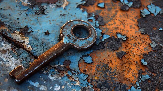 Old metal key with bluish tones laying on rusted surface under natural light