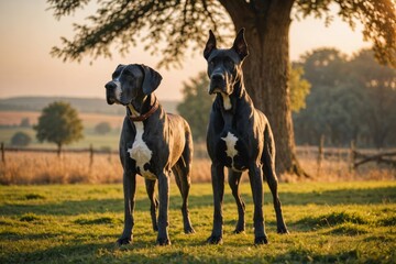 Two Great Dane dogs on blurred countryside background, copy space