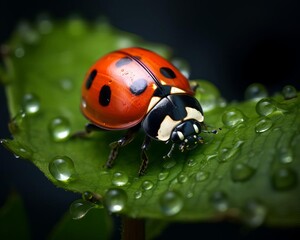 Obraz premium A macro shot of a ladybug on a leaf, detailed texture visible, with a blurred background