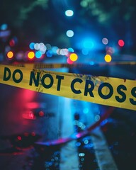 Closeup of yellow crime scene tape with bold DO NOT CROSS text, against a blurred background of police lights and nighttime investigation