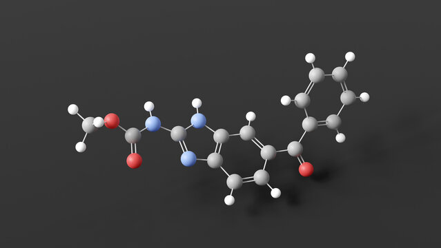 mebendazole molecular structure, antihelminthic agent, ball and stick 3d model, structural chemical formula with colored atoms