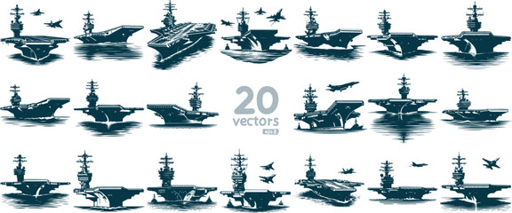 modern aircraft carrier sailing in a simple vector stencil illustration collection