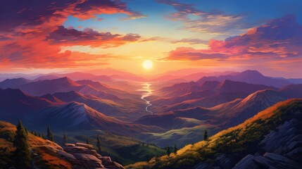 A panoramic view of a mountain range at sunset, with vibrant colors and clear skies