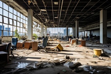 A panoramic view of an empty office space with abandoned desks and scattered chairs