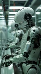 Fototapeta premium Robots in a research lab, each constructing a smaller version of itself, demonstrating scalability and design efficiency