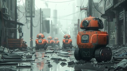 Fototapeta premium Autonomous robots in a disaster recovery simulation, navigating debris and smoke, emergency lights active