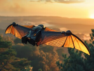Bioinspired flying robot with wings that flap like a bird, demonstrated in a clear sky above a scenic landscape