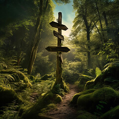 A rustic wooden signpost in a lush green forest, path leading off into the distance