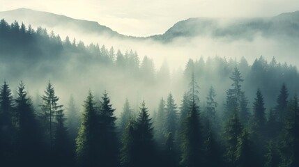 Fototapeta premium A scenic landscape of a misty forest in early morning light, with fog and copy space