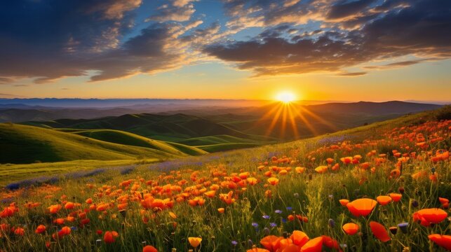 A scenic view of rolling hills covered in vibrant wildflowers at sunset, with space for text