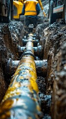 A dynamic view of pipes being lowered into a trench at a construction site, showing motion and teamwork with space for copy on the side