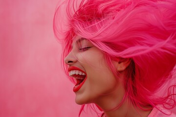 Exuberant woman with flowing pink hair, laughing joyously against a vibrant pink background