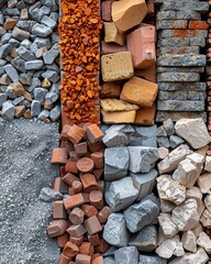 Closeup of assorted construction materials including bricks, cement, and gravel