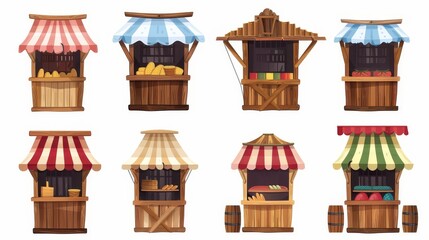 Market stalls, fair booths, wooden kiosks with stripes, clothes and food products. Wood vendor counters with sunshades for street trading, city retail spots, cartoon modern illustration. - obrazy, fototapety, plakaty