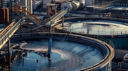 Detailed capture of a water treatment plant with sedimentation tanks and industrial pipelines.