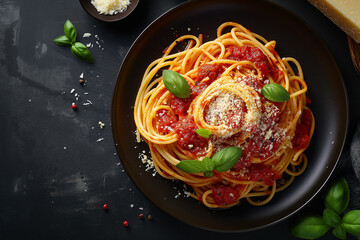 Pasta with tomato sauce and parmesan on dark background, top view. Italian food concept