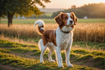 full body of Kooikerhondje dog on blurred countryside background, copy space